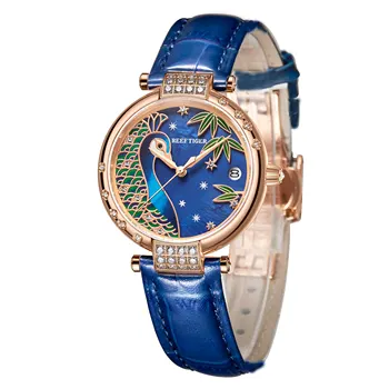 Reef Tiger / RT Luxury Gold Watch Automaatne Kuupäev Vaadata Veekindel Ehtne Nahk Vaadata Relogio Feminino RGA1587
