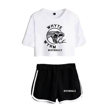 Riverdale Pop Naiste Mood Kvaliteetne Kahe-osaline Komplekt Riverdale Lühikesed Varrukad Must Paljas Naba T-Särk + Valged lühikesed Püksid Komplekt