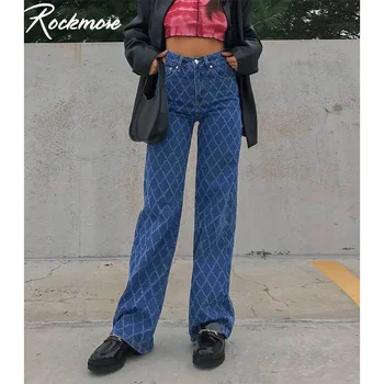 Rockmore Sinine Argyle Ruuduline Kõrge Vöökoht Denim Sirge Teksad Naistele Y2K Püksid 90s Vintage Casual Femme Streetwear Lai jalg Püksid