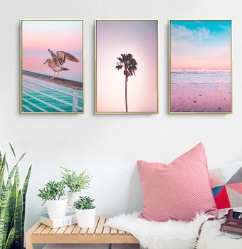 Roosa lilla beach Ocean Canvas Poster Print Sunrise Kookospähkli Maastik Kunsti Maali Seascape Pilt Seina Kaunistamiseks
