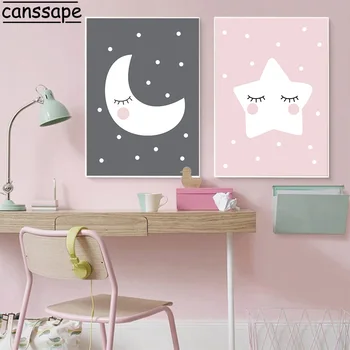 Roosa Star Moon Pilv Canvas Poster Prindi Cartoon Küülik Kaelkirjak Maali Baby Lasteaed Seina Art Põhjamaade Pilt Kids Room Decor