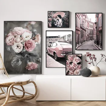 Roosi Lill roosa Auto Tänava Tüdruk Hoone Seina Art Lõuend Maali Nordic Plakatid Ja Pildid Seina Pildid elutuba Decor