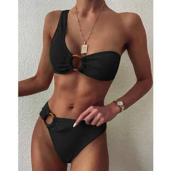 Sexy Bikini Naiste Ujumistrikoo Must Ühe Õla Bikiinid Komplekti Push Up Supelrõivad Kõrge Vöökoht Ujumispüksid Beach Kanda 2020 Uus