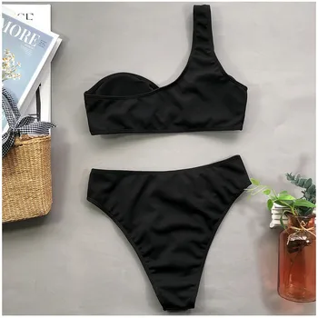 Sexy Bikini Naiste Ujumistrikoo Must Ühe Õla Bikiinid Komplekti Push Up Supelrõivad Kõrge Vöökoht Ujumispüksid Beach Kanda 2020 Uus