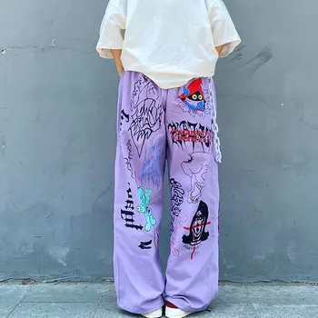 Streetwear naiste püksid harajuku Kottis Püksid Naiste hip-hop Liiga Esteetiline anime prindi y2k Laiad Püksid korea Palazzo Püksid