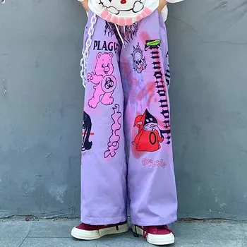 Streetwear naiste püksid harajuku Kottis Püksid Naiste hip-hop Liiga Esteetiline anime prindi y2k Laiad Püksid korea Palazzo Püksid