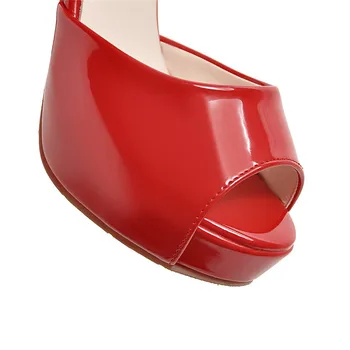 Suur Suurus Bowtie Crystal Naiste Platvorm Sandaalid 11cm Kõrge Paksu Kontsaga Punased lakknahast Suvel Büroo Poole Peep Varba Daam Kingad