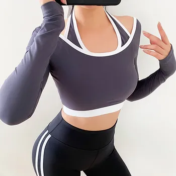 Sügisel Päitsed disain Jõusaal Särk Naiste Sexy Võltsitud kaks tükki, Sport Tops Must Valge Fitness Jooga Töötab Särgid, Pika Varrukaga Särk