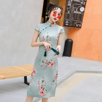 Traditsiooniline Ploomi Trükitud Rayon Cheongsam Naiste Klassikaline Hiina Daamid Õhtul Kleit Vintage Mandarin Krae Satiin Qipao
