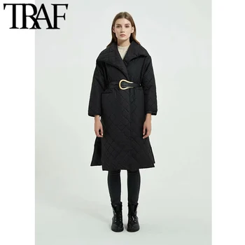 TRAF Naiste Mood Paks Sooja Turvavöö Lahti Polsterdatud Vintage Mantel Pikk Varrukas Taskud Naiste Ülerõivad Stiilne Overcoat