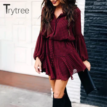 Trytree 2020. aasta Kevadel Naiste Kleit Juhuslik Turn-down) Krae Laterna Varruka Nupp-line Ruuduline Punane Ruffles Mini Fashion Kleit