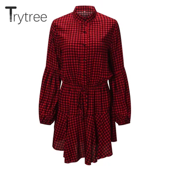 Trytree 2020. aasta Kevadel Naiste Kleit Juhuslik Turn-down) Krae Laterna Varruka Nupp-line Ruuduline Punane Ruffles Mini Fashion Kleit