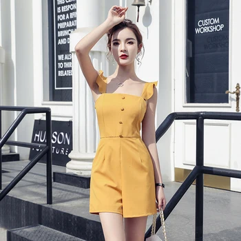 Tunked Naistele Suvel 2020 korea Fashion Ruffles Spagetid Rihm Kombekas Lühike Playsuit Kollane combinaison lühike femme S95