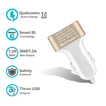 Universal Quick-Charge 3.0 42W 3-Pordid USB autolaadija iPhone; Samsung Galaxy; LG G4 / G5; Google Nexus; iOS-või Android-Seadmed