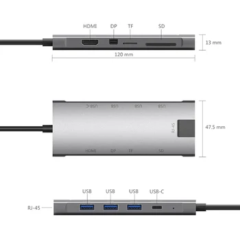 USB-C-HUB 8 1 Alumiiniumist Tüüp adapter HDMI-ühilduvate minidp usb3.0 SD/TF Lugejaga RJ45 TÜÜP C) Laadimine usb-c Hub