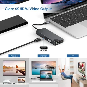 USB-C-HUB Adapter 8 1USB C HDMI-VGA-USB 3.0 Pordid SD/TF Lugeja RJ45 USB 3.0 Dock for MacBook Pro USB-C C-Tüüpi 3.1 Splitter