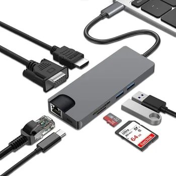 USB-C-HUB Adapter 8 1USB C HDMI-VGA-USB 3.0 Pordid SD/TF Lugeja RJ45 USB 3.0 Dock for MacBook Pro USB-C C-Tüüpi 3.1 Splitter