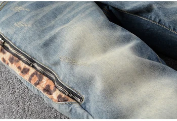 Uus Meeste meeste mood vabaaja leopard printida segast augud ripitud teksad Streetwear slim skinny stretch denim püksid püksid