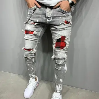 Uus Meeste Slim-Fit Ripitud Püksid Uued Meeste Maalitud Teksad Plaaster Kerjus Püksid Jumbo Suurus S-4XL Hip-hop Casual Meeste teksad püksid