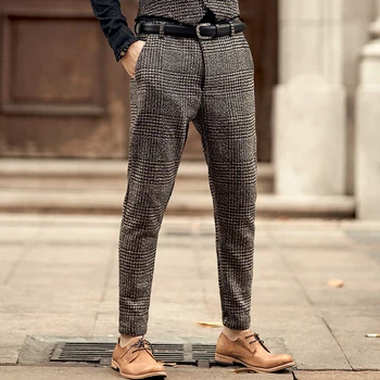 Uus talve meeste vabaaja hall ruuduline villane nuppu slim venitada pikad püksid meeste püksid itaalia stiilis mood brändi disaini K681-2