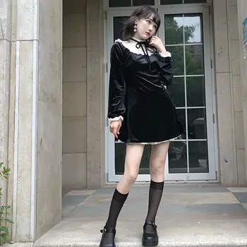 Victoria Vintage Gooti Lolita Kleit Tüdrukud Jaapani Pits Segast Pits-up Stand Krae Velvet Mini Kleit Naiste Punk Kleidid