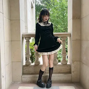 Victoria Vintage Gooti Lolita Kleit Tüdrukud Jaapani Pits Segast Pits-up Stand Krae Velvet Mini Kleit Naiste Punk Kleidid