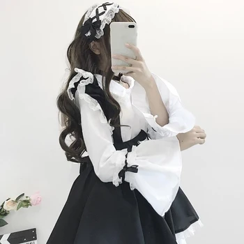 Vintage Must Valge Gooti Lolita Neiu Kleit Naiste Jaapani Kawaii Põletatud Varrukad 2 Töö Seab Tüdrukud Halloween Cosplay Kostüümid