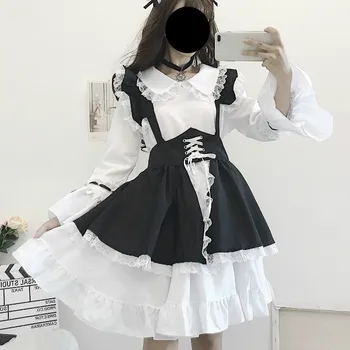 Vintage Must Valge Gooti Lolita Neiu Kleit Naiste Jaapani Kawaii Põletatud Varrukad 2 Töö Seab Tüdrukud Halloween Cosplay Kostüümid