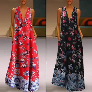 Vintage Trükitud Maxi Kleit Naiste Suvel Sundress 2021 ZANZEA Vabaaja Varrukateta Lilleline Vestidos Naine V Kaelus Kleit Pluss Suurus
