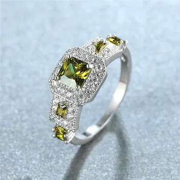 Võlu Naine Oliivi Roheline Ring Crystal Klassikaline Hõbedast Värvi Õhuke Engagement Rõngad Naiste Vintage Pruudi Square Abielusõrmus