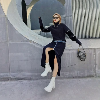 XITAO Kahe-osaline Komplekt, Naiste Mood Uus Pullover Segast Kootud Top Elastne Vöökoht Split Seelik 2020. Aasta Talvel Vähemuse ZY1813