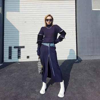 XITAO Kahe-osaline Komplekt, Naiste Mood Uus Pullover Segast Kootud Top Elastne Vöökoht Split Seelik 2020. Aasta Talvel Vähemuse ZY1813