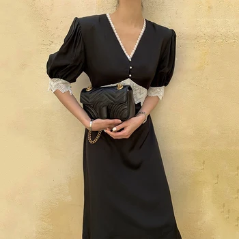 YAMDI korea kleidid pool elegantne-line lühike varrukas vintage midi kleit naiste suve naine 2020. aasta uus pits segast v kaela