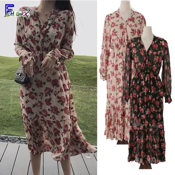 Õie Trükitud Vintage Kleidid Naistele Korea Stiilis Disain Slim Kõrge Vöökoht Lill Punane Temperament Lady V Kaelus Särk Pikk Kleit