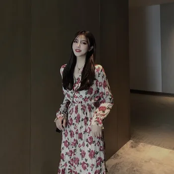 Õie Trükitud Vintage Kleidid Naistele Korea Stiilis Disain Slim Kõrge Vöökoht Lill Punane Temperament Lady V Kaelus Särk Pikk Kleit